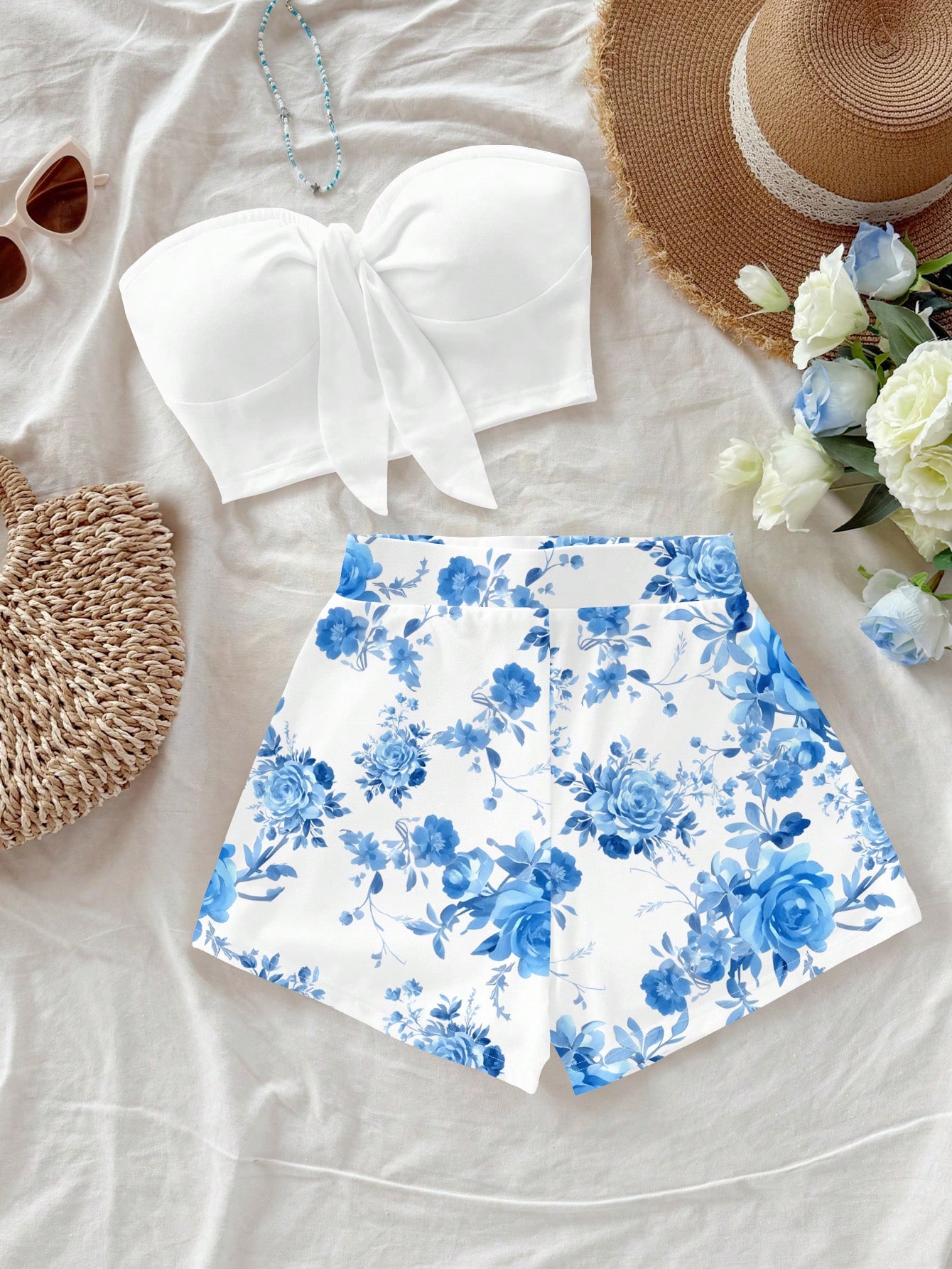 SHEIN Soleia 2pcs Set Blue Retro Floral Pattern Vintage Style Casual Vacation Sexy