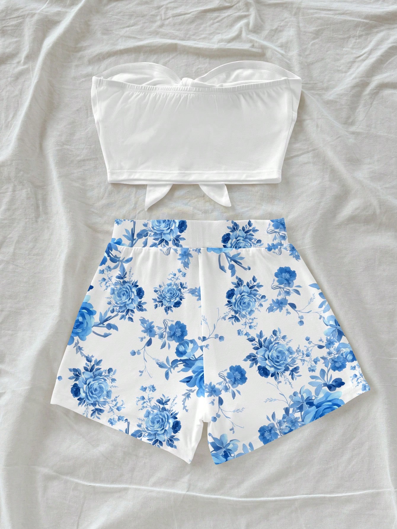 SHEIN Soleia 2pcs Set Blue Retro Floral Pattern Vintage Style Casual Vacation Sexy