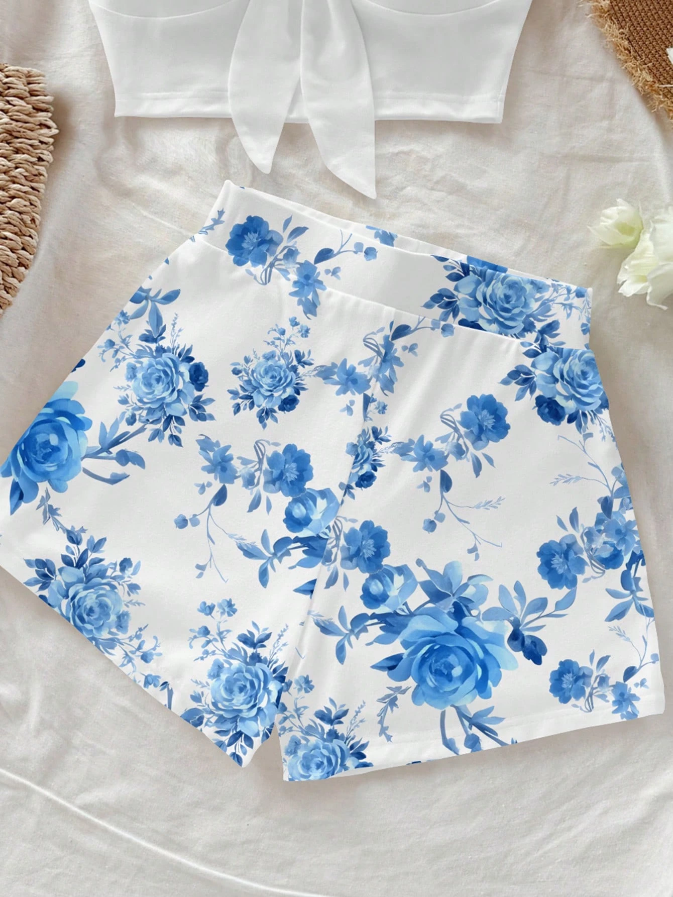 SHEIN Soleia 2pcs Set Blue Retro Floral Pattern Vintage Style Casual Vacation Sexy