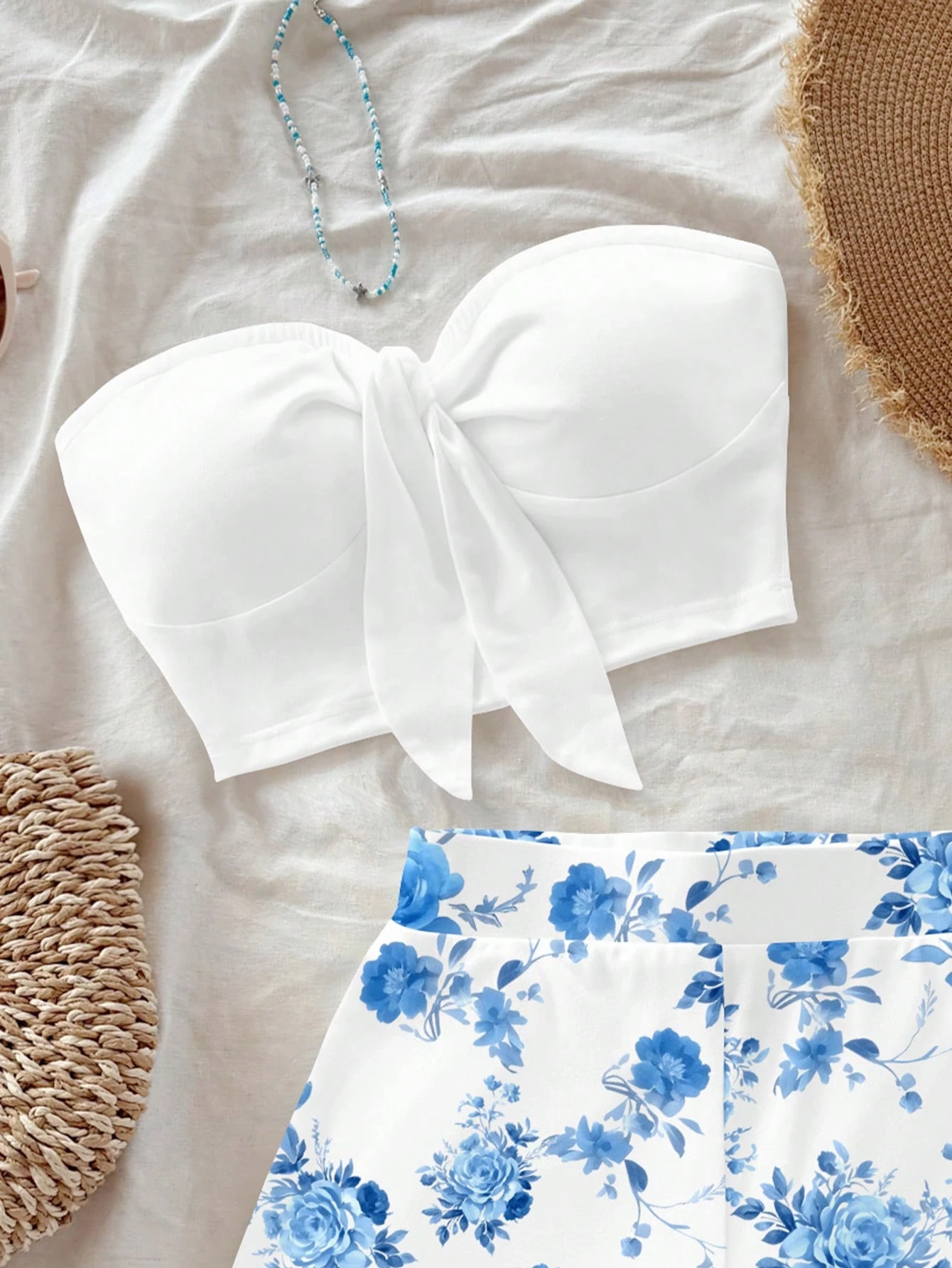 SHEIN Soleia 2pcs Set Blue Retro Floral Pattern Vintage Style Casual Vacation Sexy