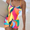 SHEIN Swim SPRTY Women's Multi-Color Block Random Print Pattern Beach Sports