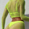SHEIN Swim SXY 2pcs Women Neon Green Sexy Hollow Out Tight Mesh Cover Up Top & Skirt