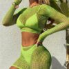 SHEIN Swim SXY 2pcs Women Neon Green Sexy Hollow Out Tight Mesh Cover Up Top & Skirt