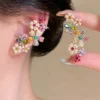 SHEIN Fashion Party Colorful Floral Crystal Glass Luxury High-End Niche Design Cartilage Clip Earrings
