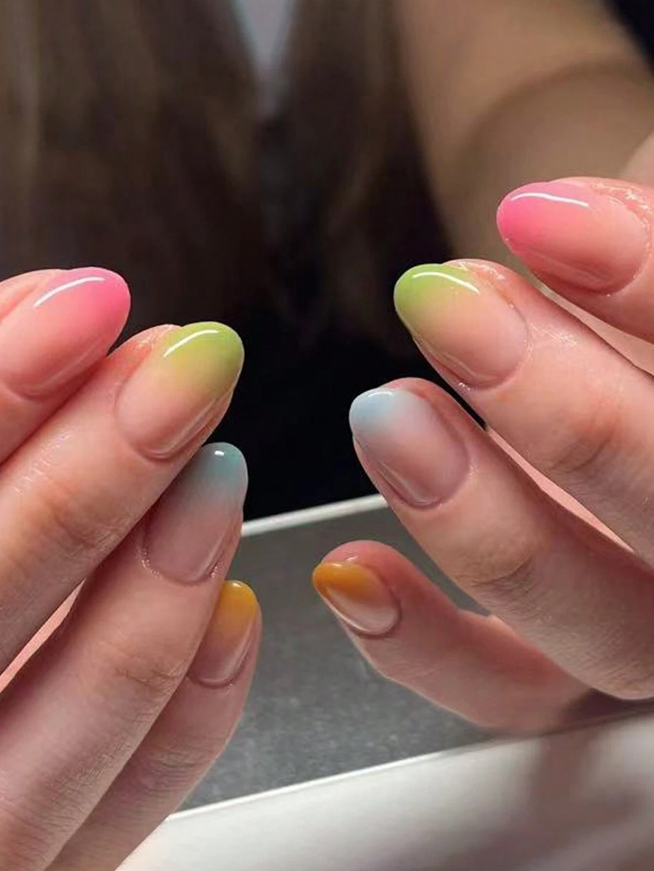 SHEIN French Rainbow Gradient Multicolor Minimalist Oval Full Cover Fake Nails