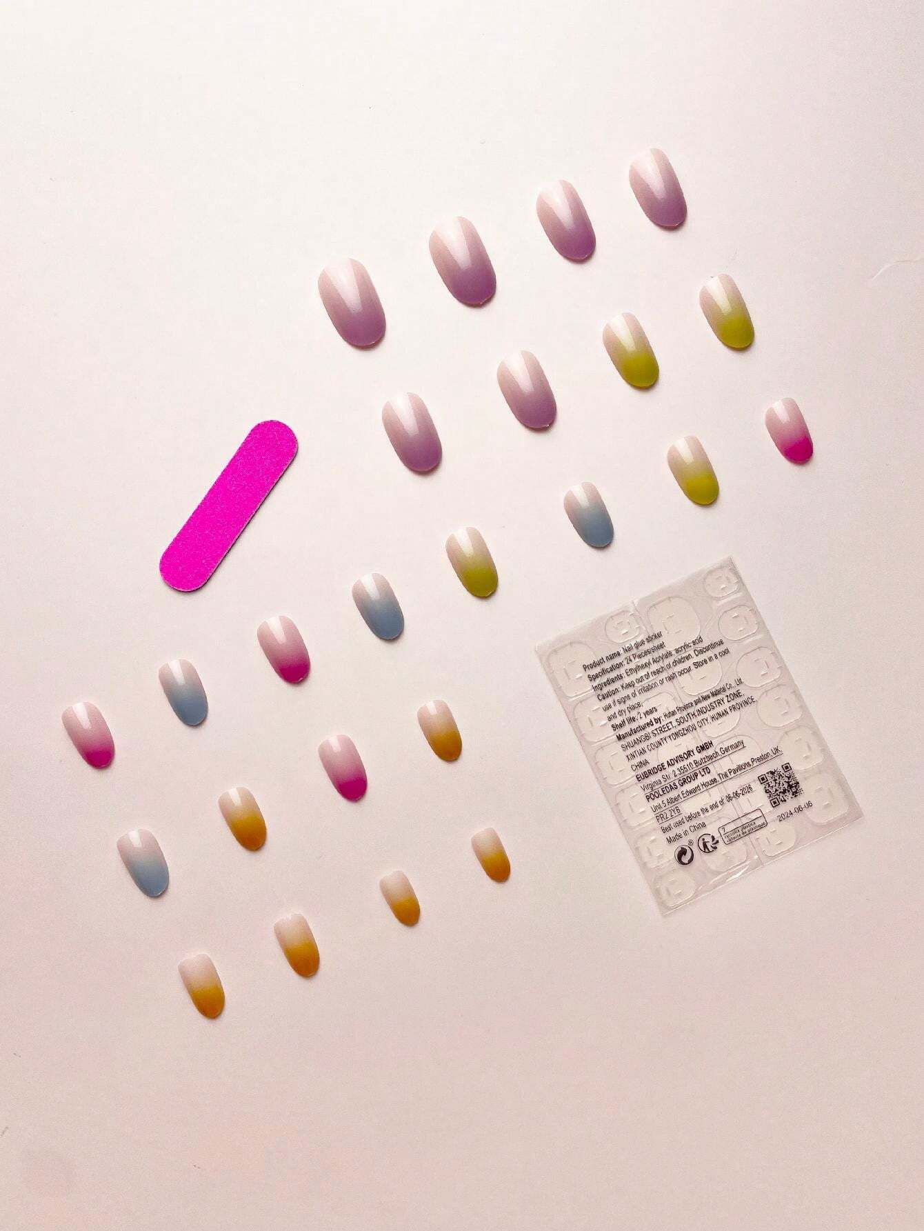 SHEIN French Rainbow Gradient Multicolor Minimalist Oval Full Cover Fake Nails