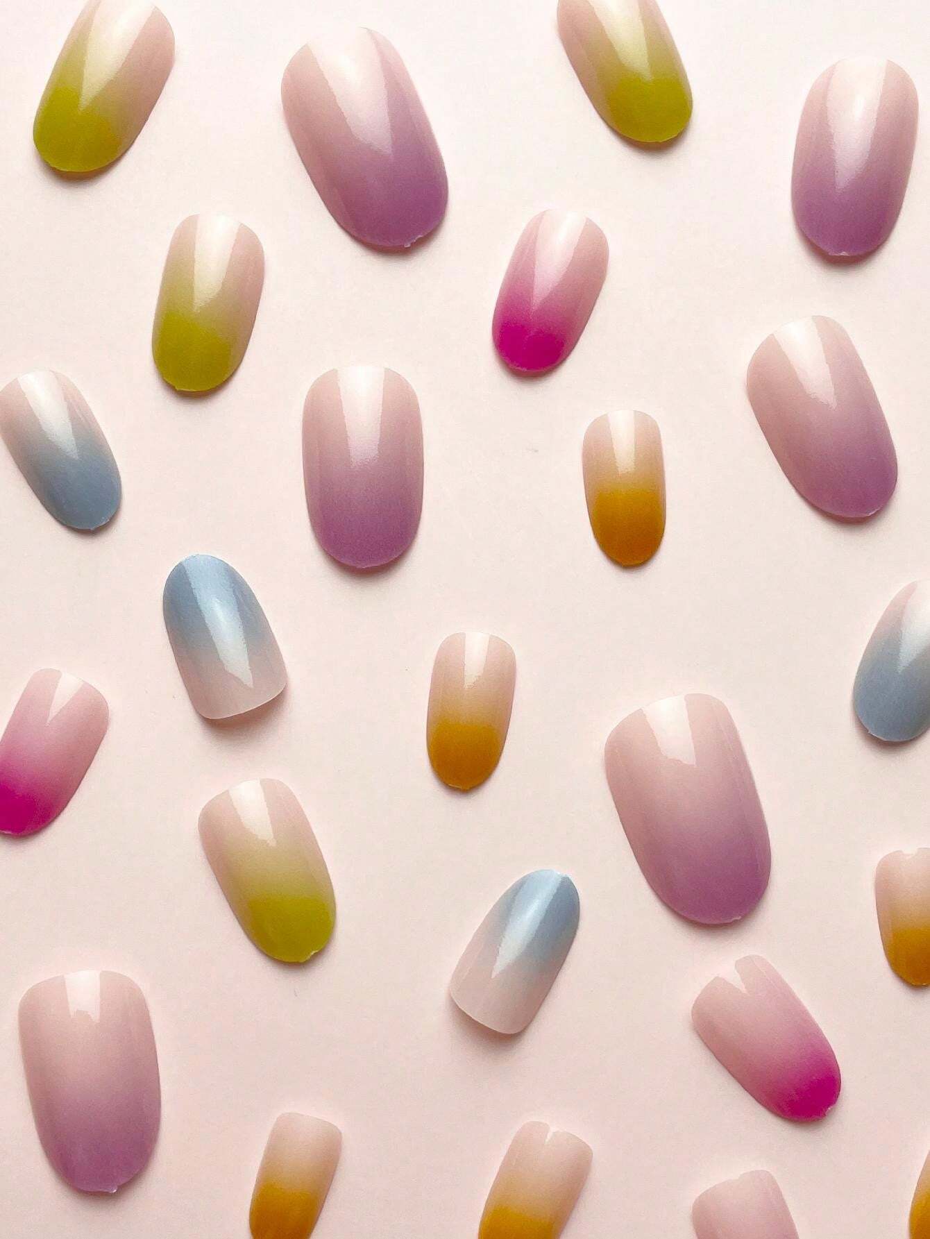 SHEIN French Rainbow Gradient Multicolor Minimalist Oval Full Cover Fake Nails