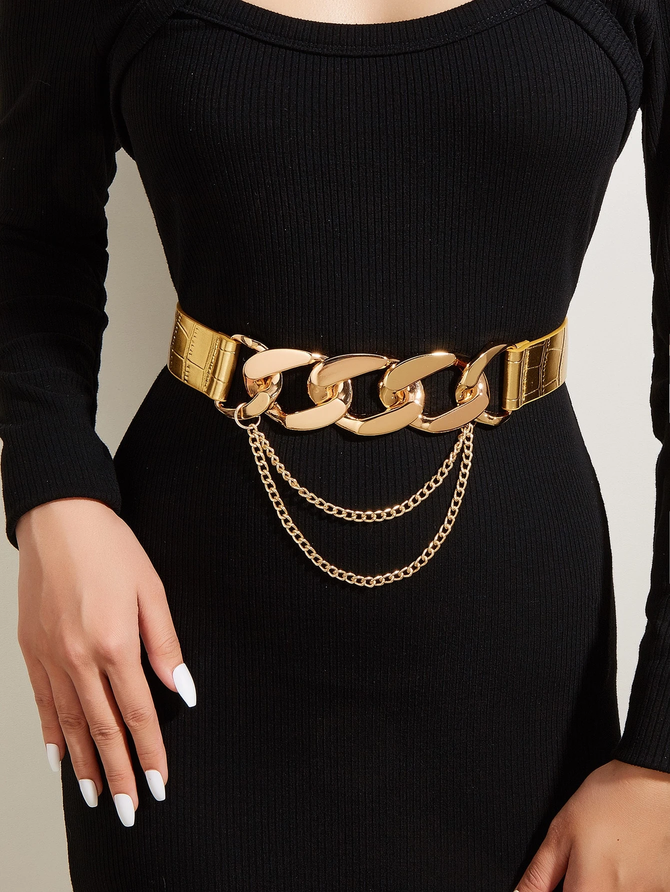 SHEIN Golden Elastic Stretchy Metal Buckle Metallic Crocodile Embossed Chain Decor Women Belt