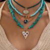 SHEIN Turquoise Beaded Necklace With Fashion Freshwater Pearl Eye Pendant