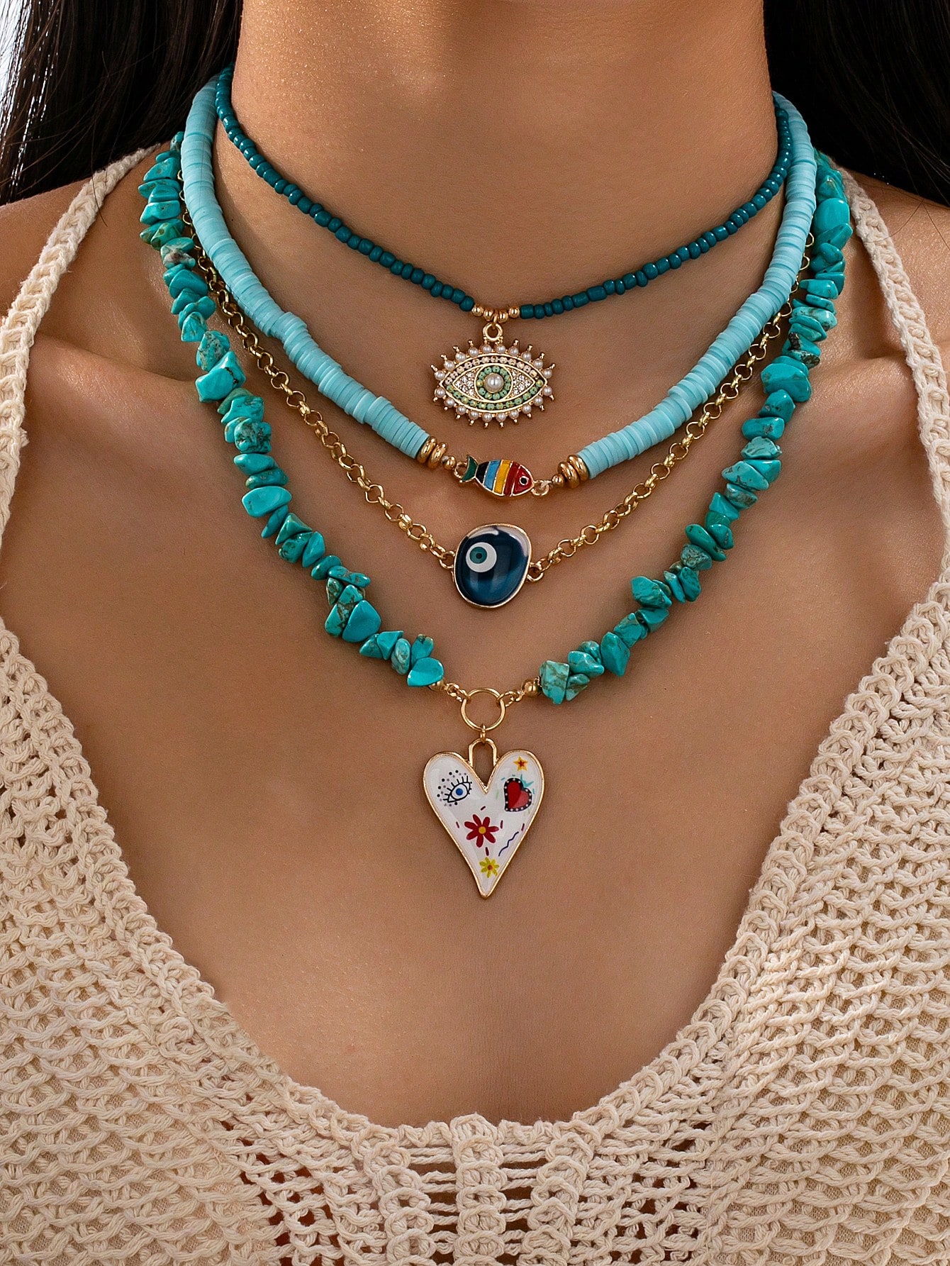 SHEIN Turquoise Beaded Necklace With Fashion Freshwater Pearl Eye Pendant
