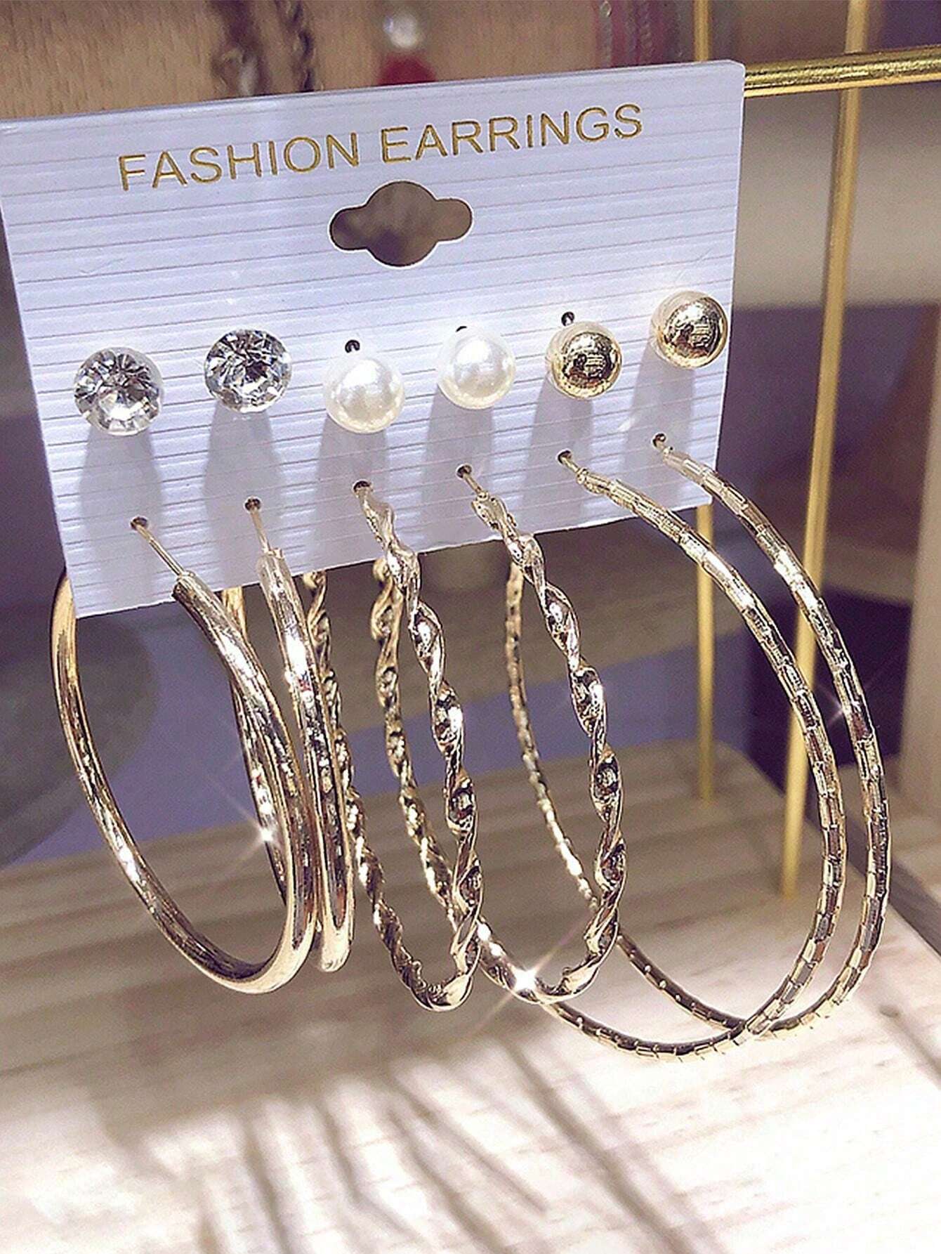 SHEIN Exaggerated Fashionable Multi-Level C Design Faux Pearl & Rhinestone Big Hoop Earrings