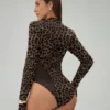 SHEIN Chiquease Women's Fashion Leopard Print Sheer Mesh Patchwork Long Sleeve Fingerhole Bodysuit