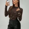 SHEIN Chiquease Women's Fashion Leopard Print Sheer Mesh Patchwork Long Sleeve Fingerhole Bodysuit