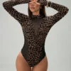 SHEIN Chiquease Women's Fashion Leopard Print Sheer Mesh Patchwork Long Sleeve Fingerhole Bodysuit