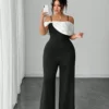 SHEIN Elenzga Halloween Plus Size Women's Elegant Knitted Black Patchwork White Fitted Jumpsuit