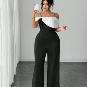 SHEIN Elenzga Halloween Plus Size Women's Elegant Knitted Black Patchwork White Fitted Jumpsuit