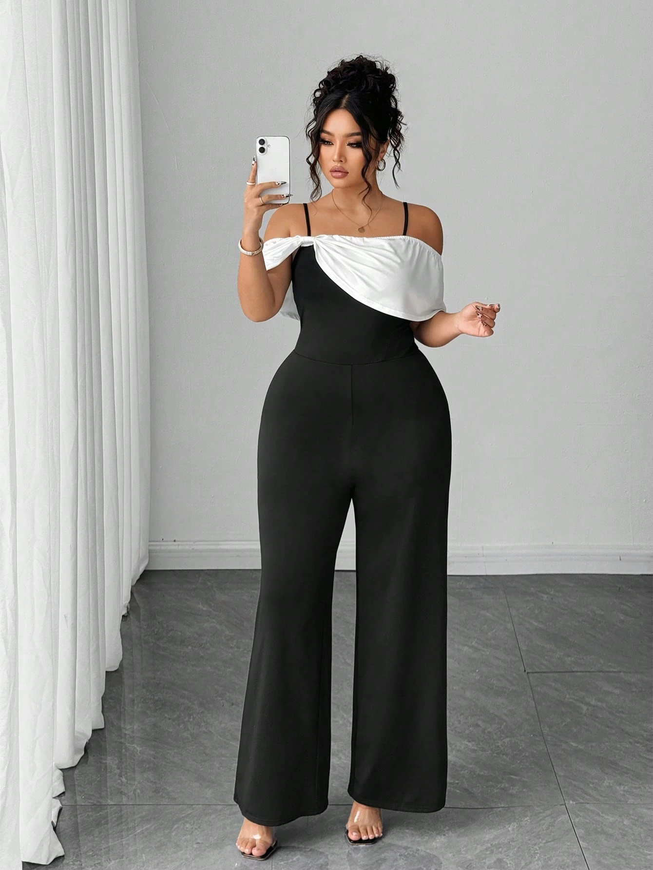 SHEIN Elenzga Halloween Plus Size Women's Elegant Knitted Black Patchwork White Fitted Jumpsuit