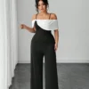 SHEIN Elenzga Halloween Plus Size Women's Elegant Knitted Black Patchwork White Fitted Jumpsuit