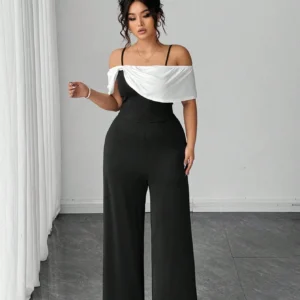 SHEIN Elenzga Halloween Plus Size Women's Elegant Knitted Black Patchwork White Fitted Jumpsuit
