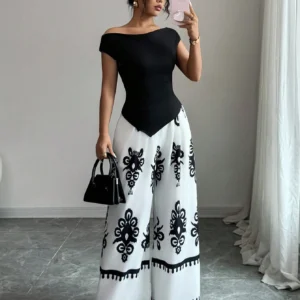 SHEIN Islaluna 2 Pieces Set: Women Solid Asymmetrical Hem T-Shirt And Floral Print Wide Leg Pants