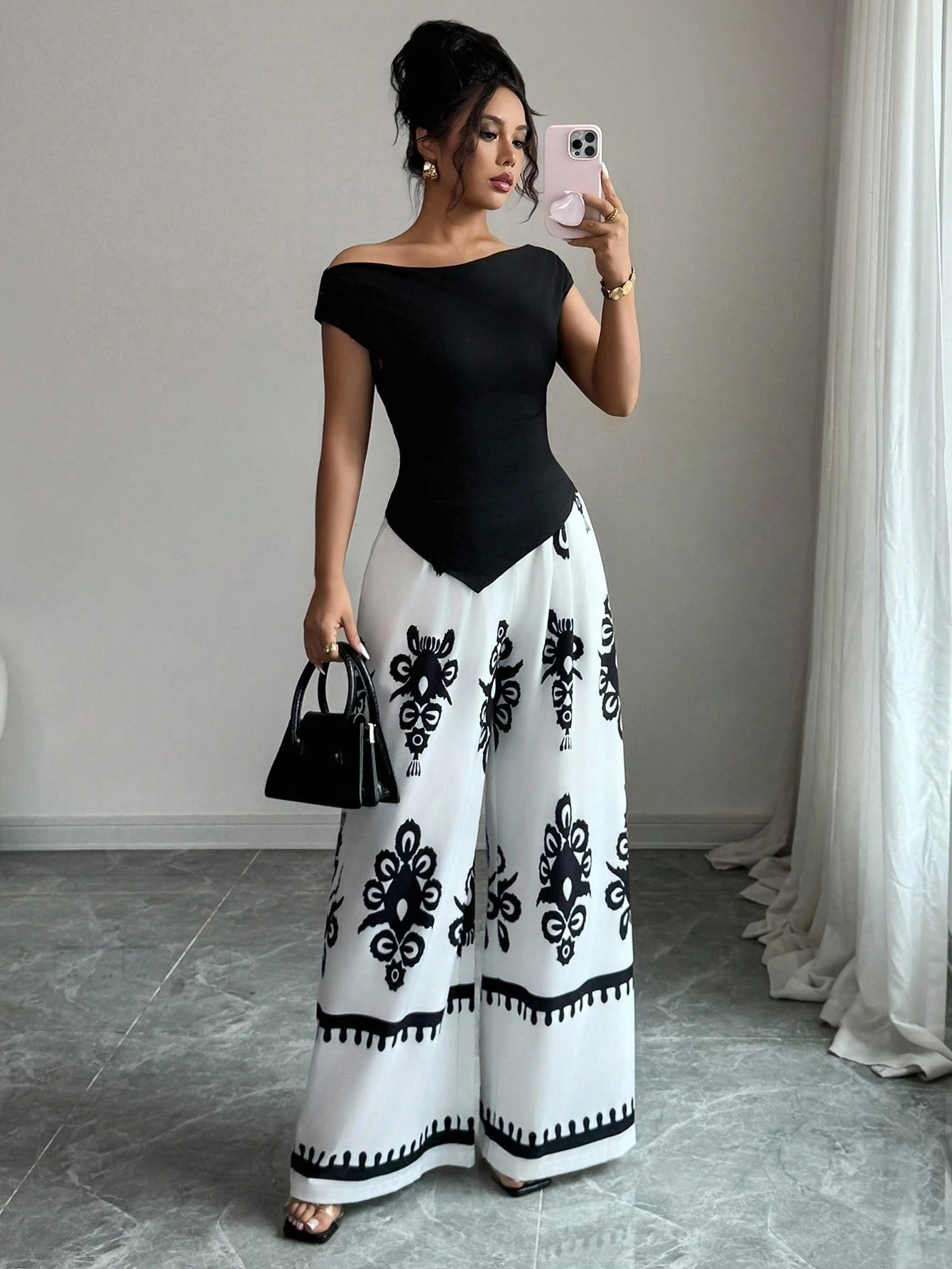 SHEIN Islaluna 2 Pieces Set: Women Solid Asymmetrical Hem T-Shirt And Floral Print Wide Leg Pants