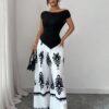 SHEIN Islaluna 2 Pieces Set: Women Solid Asymmetrical Hem T-Shirt And Floral Print Wide Leg Pants