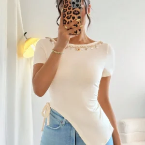 SHEIN Islaluna Knitted T-Shirt With Fringed Collar Trim