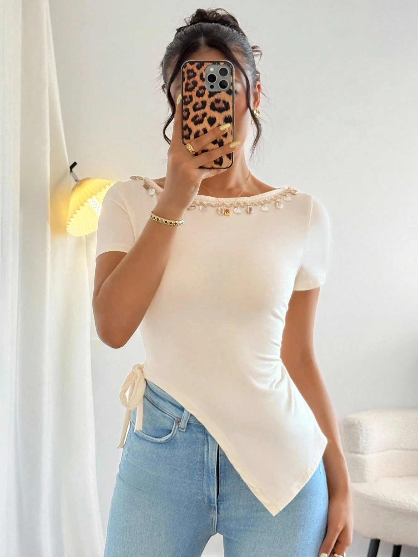 SHEIN Islaluna Knitted T-Shirt With Fringed Collar Trim