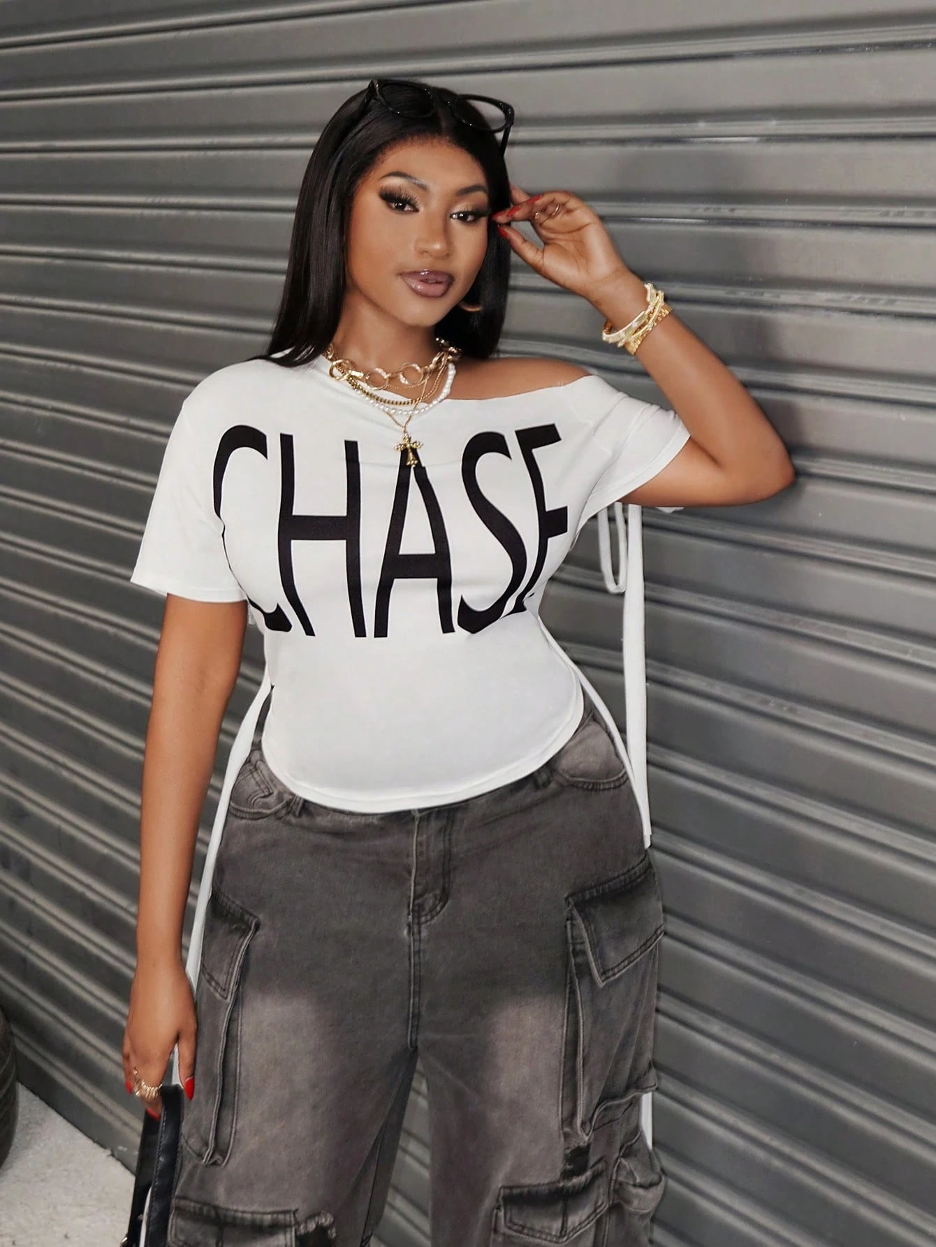 SHEIN Maweii Women Plus Size Casual Asymmetrical Neck Tie-Up Letter Print Fitted T-Shirt