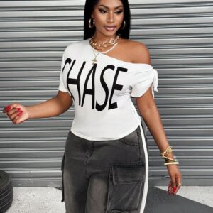 SHEIN Maweii Women Plus Size Casual Asymmetrical Neck Tie-Up Letter Print Fitted T-Shirt