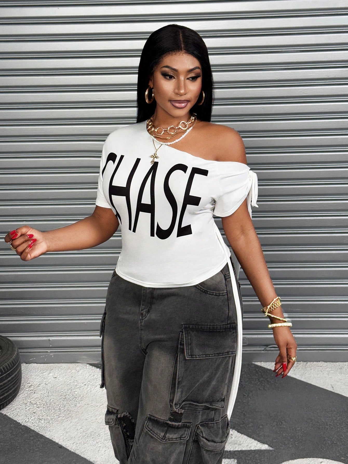 SHEIN Maweii Women Plus Size Casual Asymmetrical Neck Tie-Up Letter Print Fitted T-Shirt