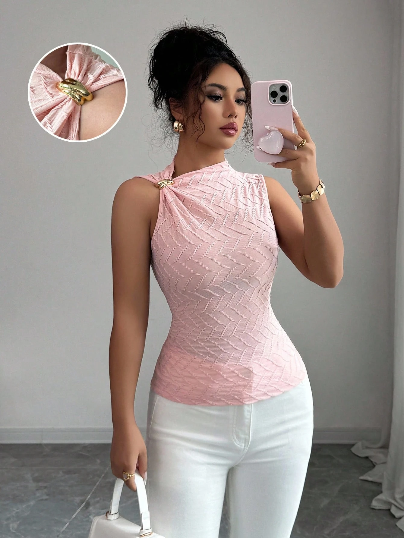 SHEIN Rafferiza Women Fashionable Elegant Textured Metal Buckle Sleeveless Top