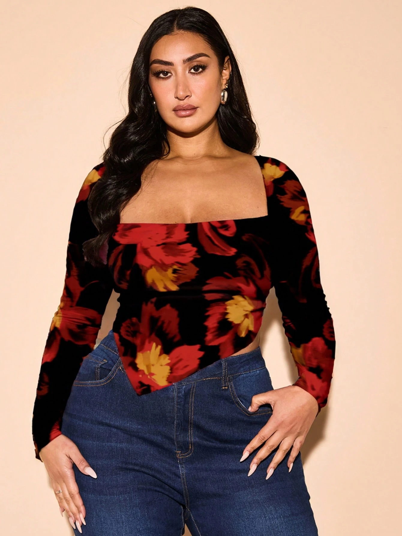SHEIN BAE Plus Size Women Floral Print Black Mesh V-Neck Long Sleeve Top