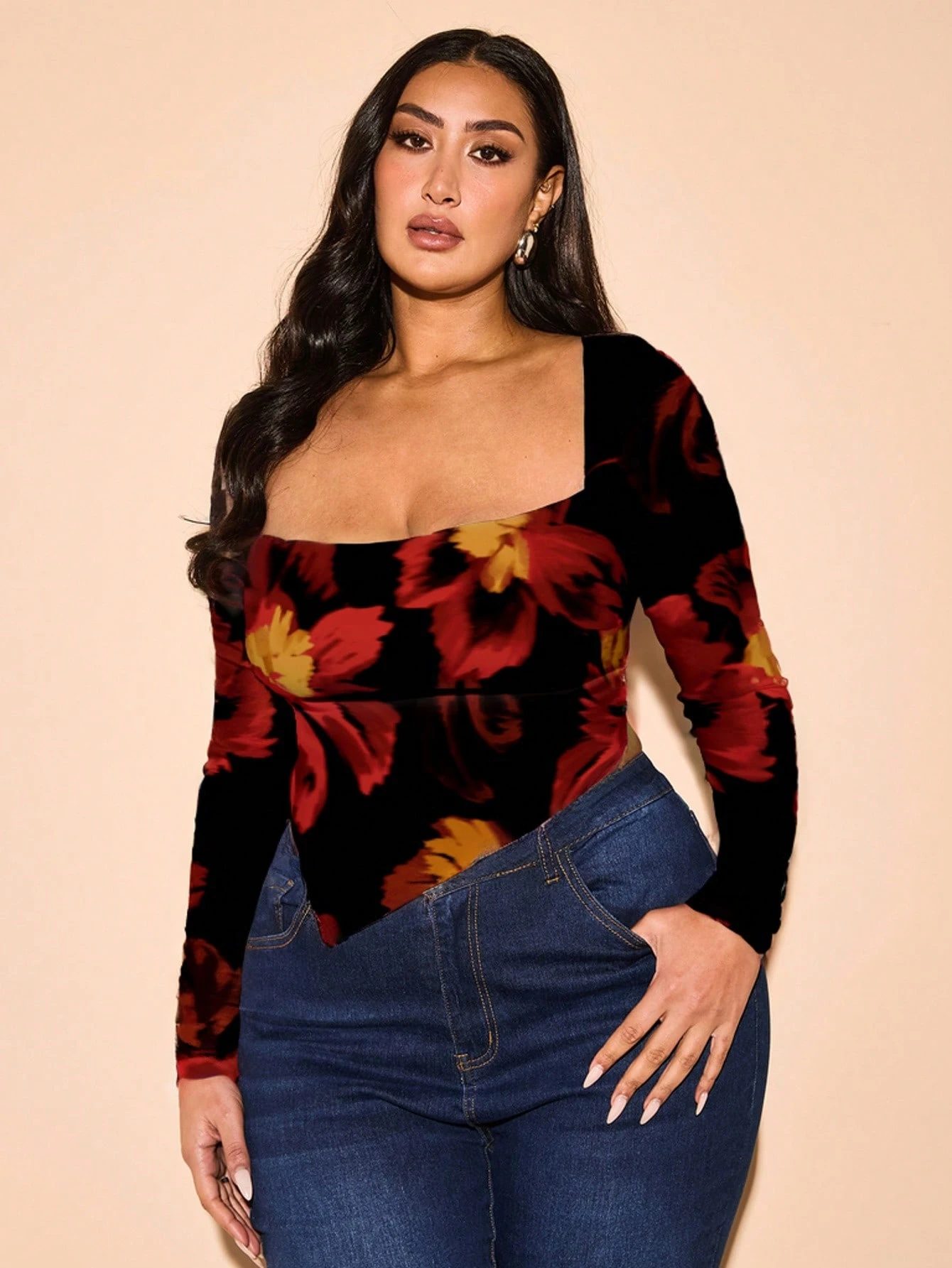 SHEIN BAE Plus Size Women Floral Print Black Mesh V-Neck Long Sleeve Top - Image 3