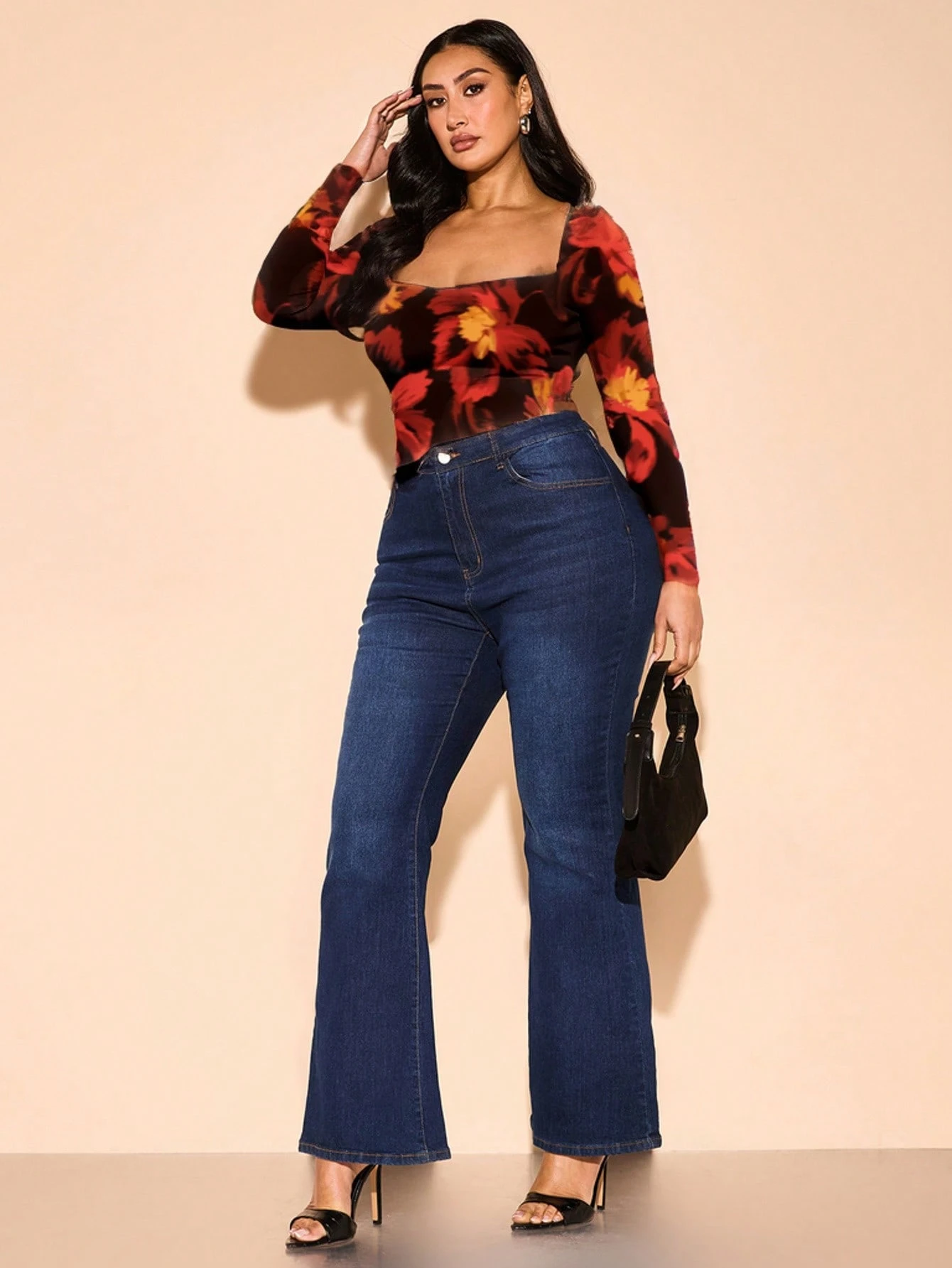 SHEIN BAE Plus Size Women Floral Print Black Mesh V-Neck Long Sleeve Top