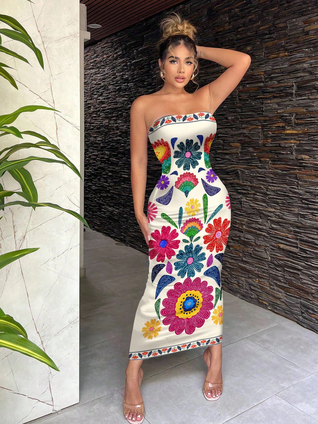 SHEIN SXY Bohemian Casual Floral Retro Print Bodycon Dress