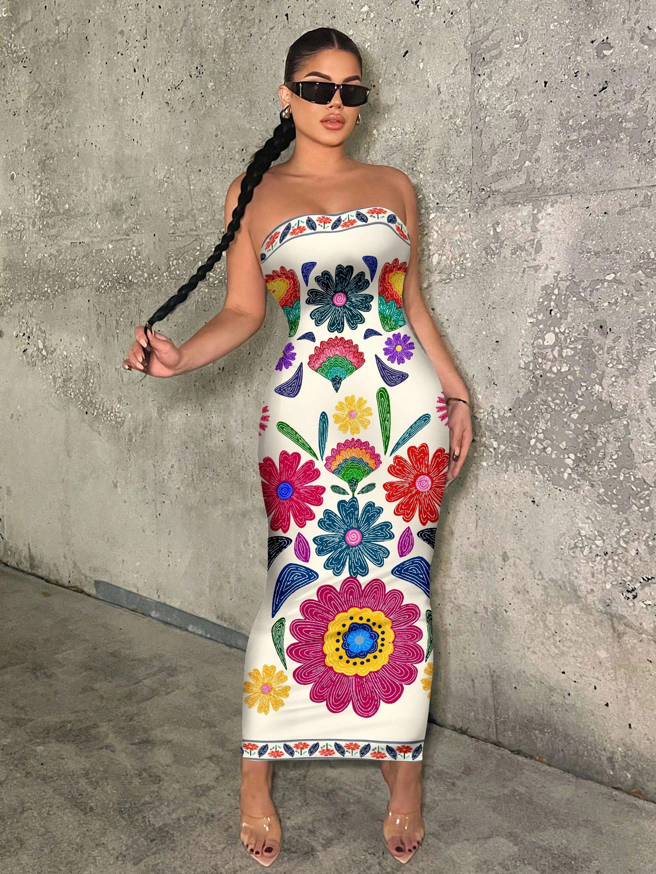 SHEIN SXY Bohemian Casual Floral Retro Print Bodycon Dress