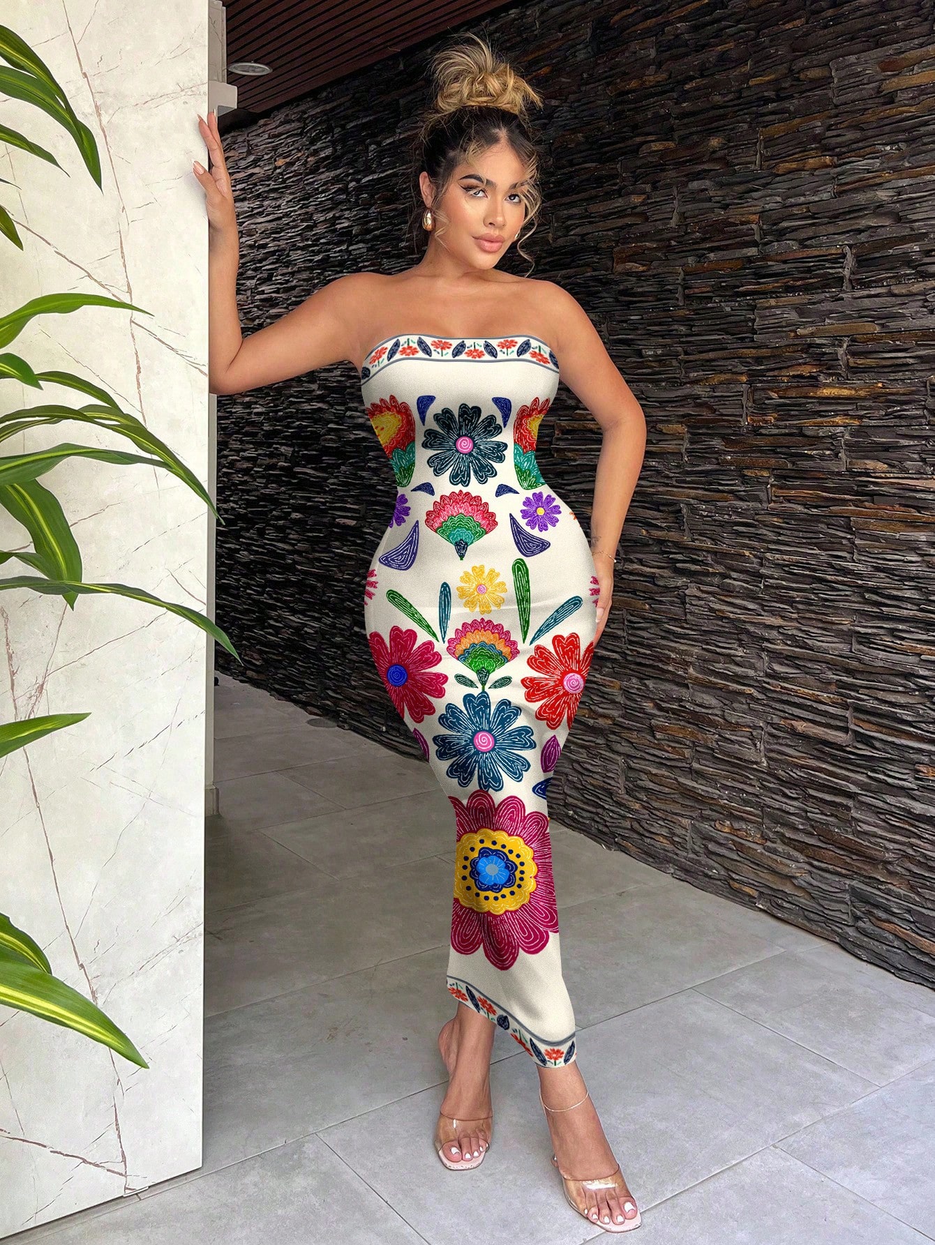 SHEIN SXY Bohemian Casual Floral Retro Print Bodycon Dress