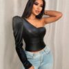 SHEIN VaVaBold Luxurious Elegant PU Leather Gigot Sleeve Asymmetric Shoulder Women Top