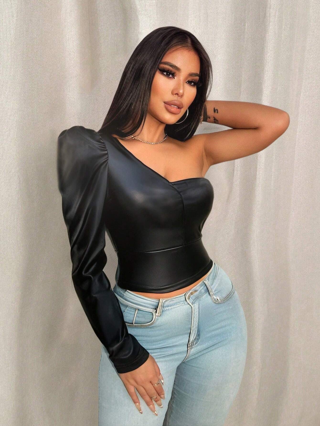 SHEIN VaVaBold Luxurious Elegant PU Leather Gigot Sleeve Asymmetric Shoulder Women Top