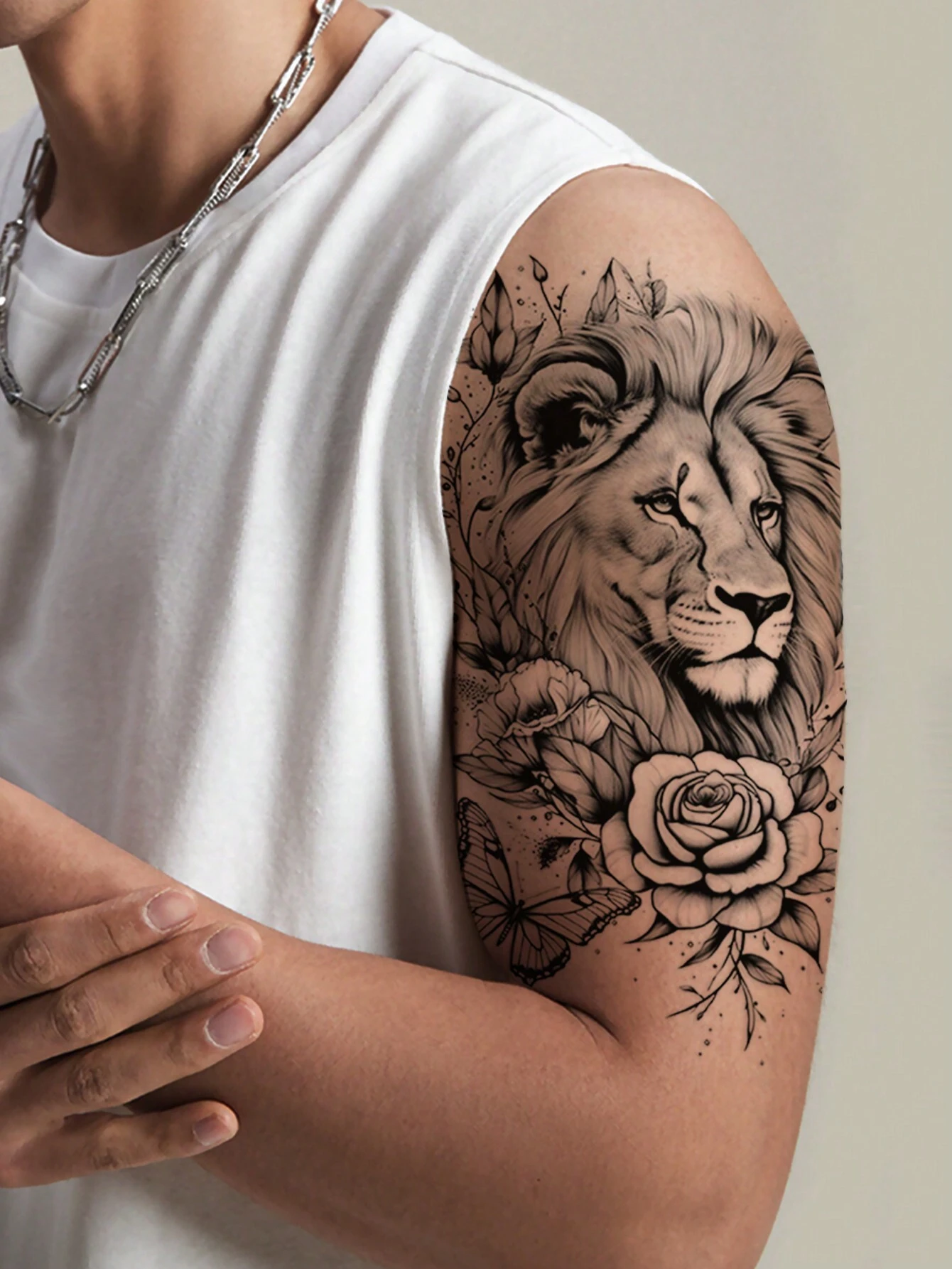 SHEIN Black Lion Flower Butterfly Animal Pattern Large Temporary Body Tattoo