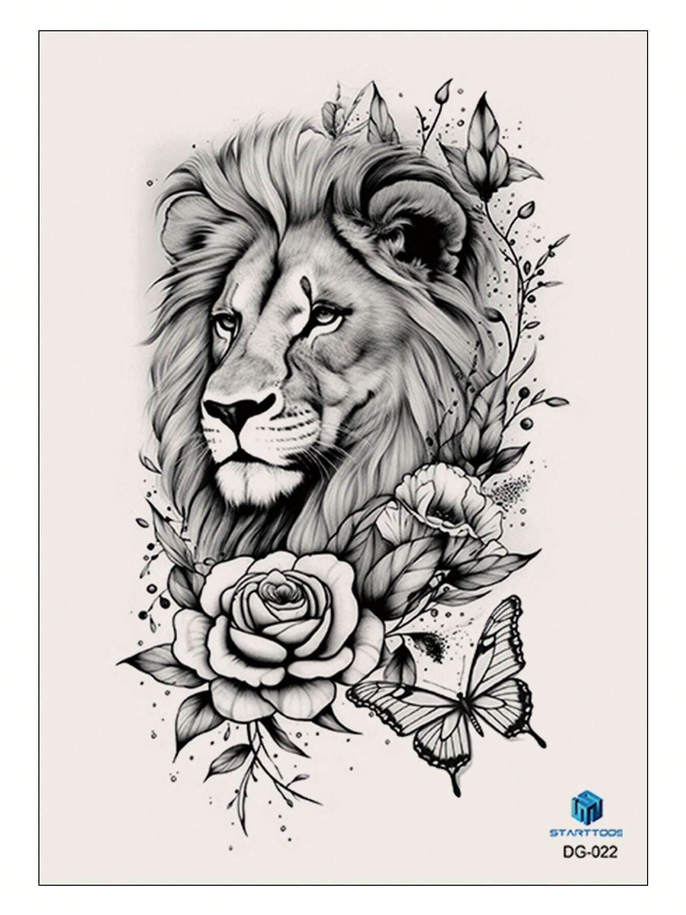 SHEIN Black Lion Flower Butterfly Animal Pattern Large Temporary Body Tattoo