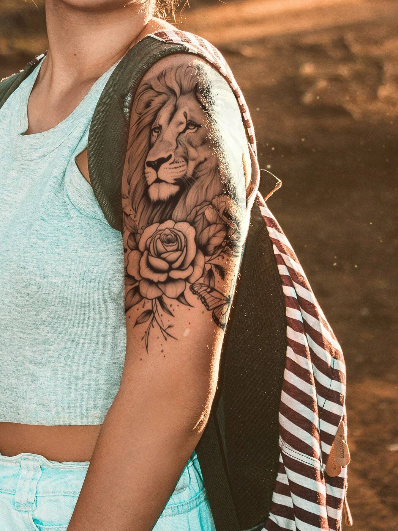 SHEIN Black Lion Flower Butterfly Animal Pattern Large Temporary Body Tattoo