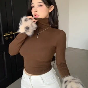 SHEIN DAZY Leopard Print Fluffy Patchwork Slim Fit Turtleneck Long Sleeve T-Shirt