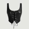 SHEIN MOD Black Crossed Frenulum Lace Up Front PU Leather Tank Top
