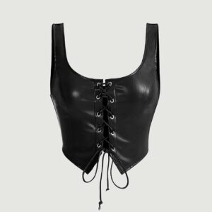 SHEIN MOD Black Crossed Frenulum Lace Up Front PU Leather Tank Top