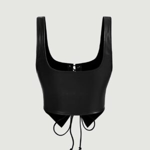 SHEIN MOD Black Crossed Frenulum Lace Up Front PU Leather Tank Top