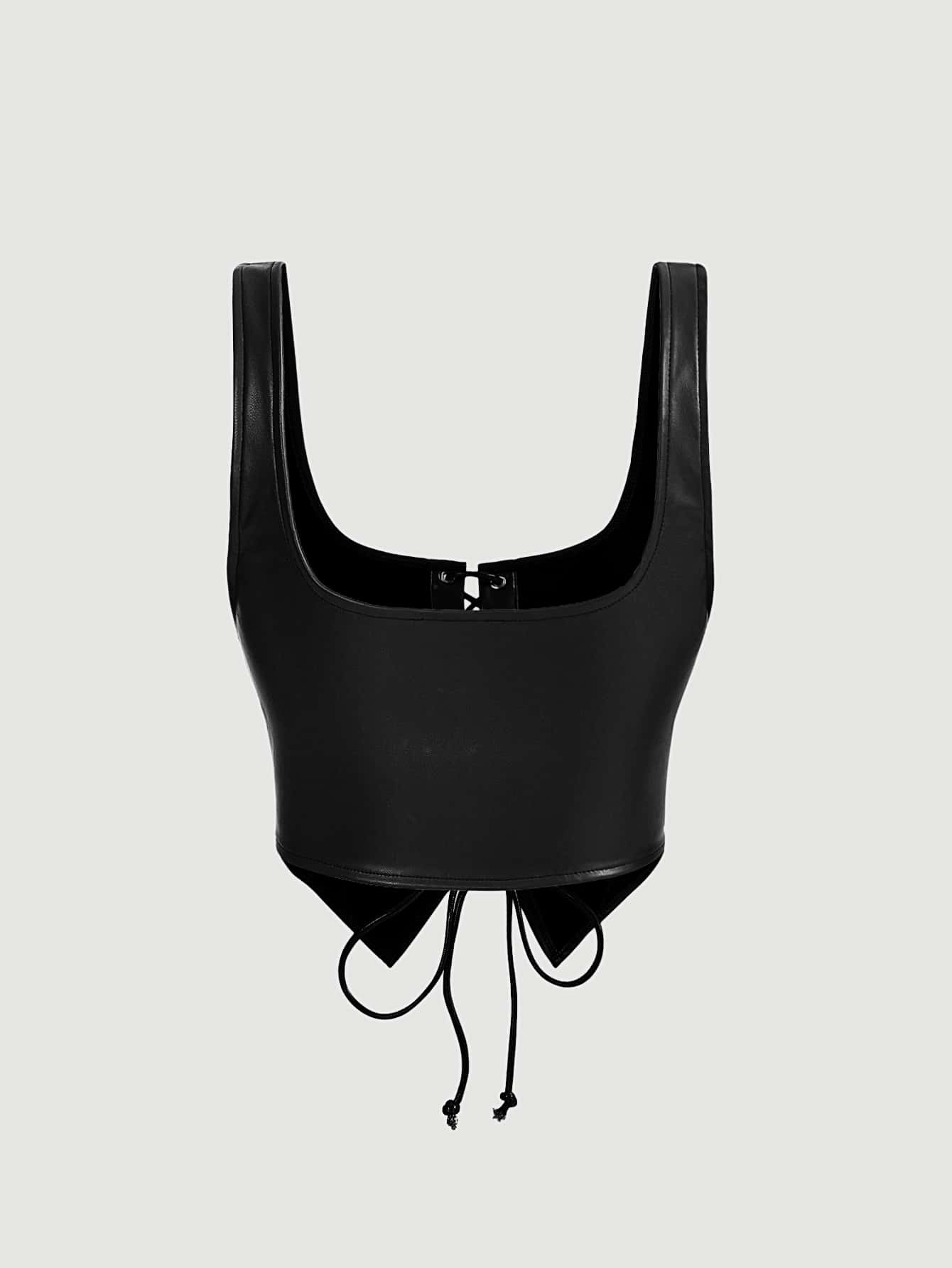 SHEIN MOD Black Crossed Frenulum Lace Up Front PU Leather Tank Top