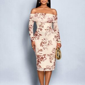 SOLERSUN Women's Off-Shoulder Long Sleeve Knitted Waist-Cinched Floral Print Bodycon Dress