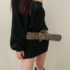 SHEIN Vintage Leopard Pattern PU Leather Wide Waist Belt